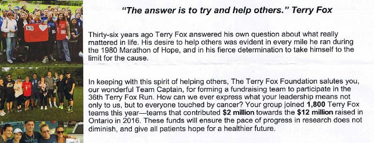 2016 Terry Fox Run Acknowledgement