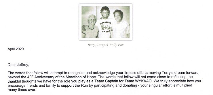 Acknowledgement from the Terry Fox Foundation
